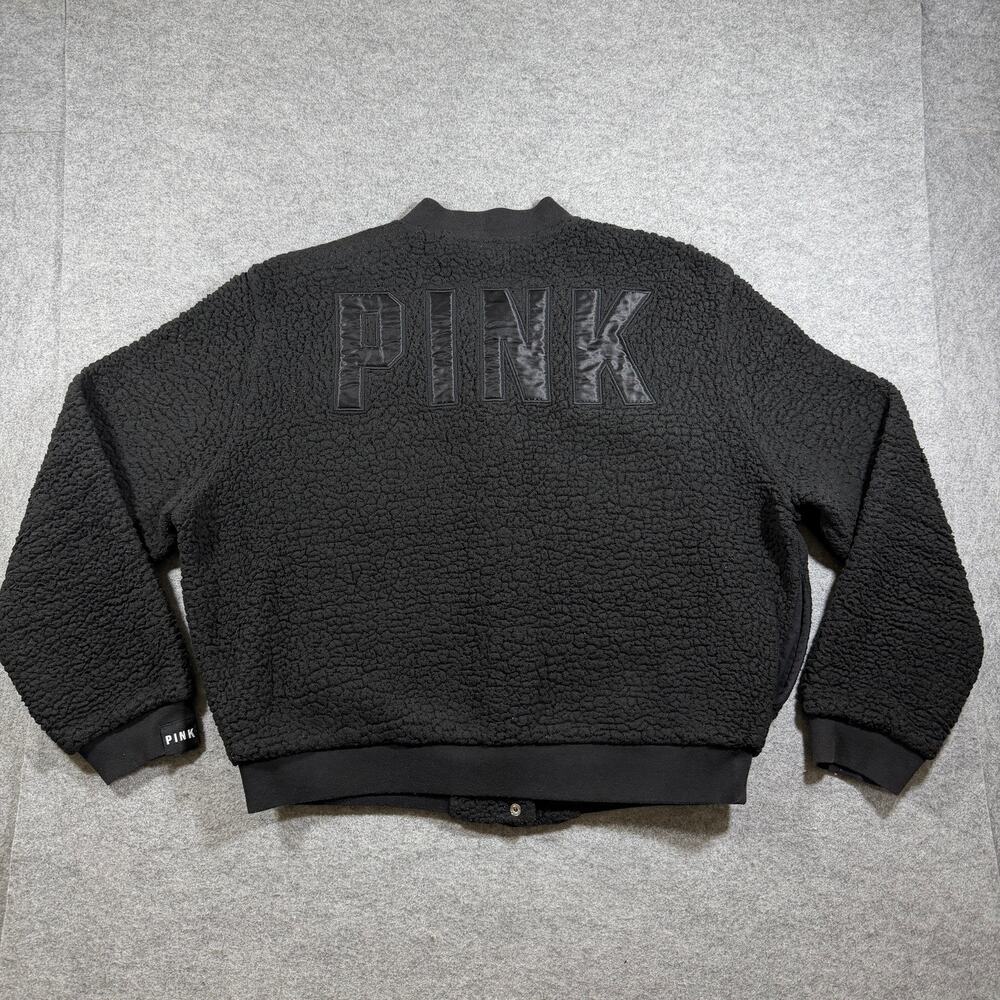 PINK Victoria's Secret Sherpa Bomber Jacket Womens L Black Snap Front Cropped